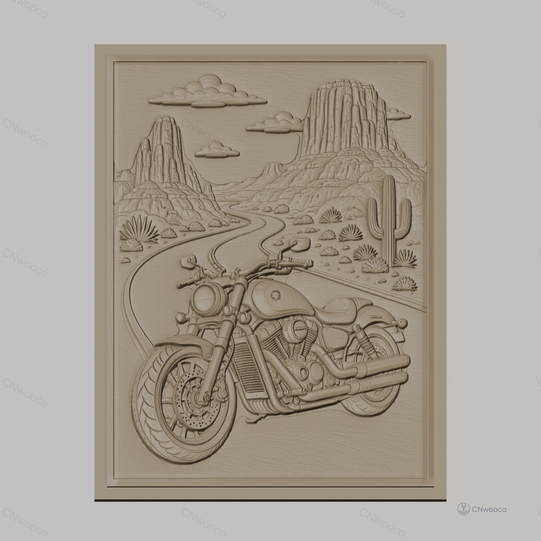 Fichier CNC & impression 3D moto sur route désertique, relief paysage cactus haute qualité relief STL