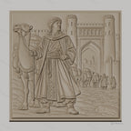 Fichier CNC & impression 3D caravane de dromadaires et voyageur oriental, porte fortifiée, haute qualité relief STL