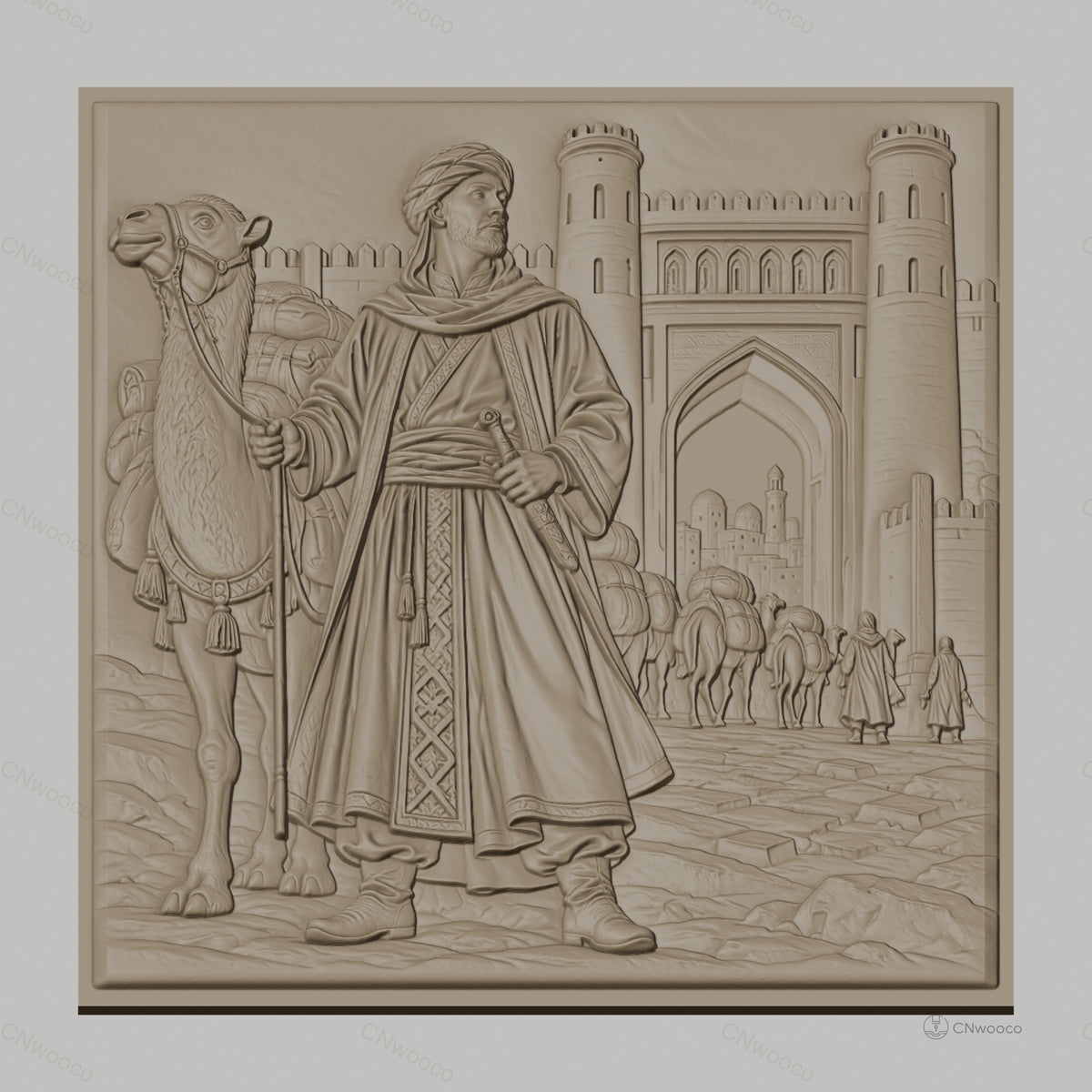 Fichier CNC & impression 3D caravane de dromadaires et voyageur oriental, porte fortifiée, haute qualité relief STL