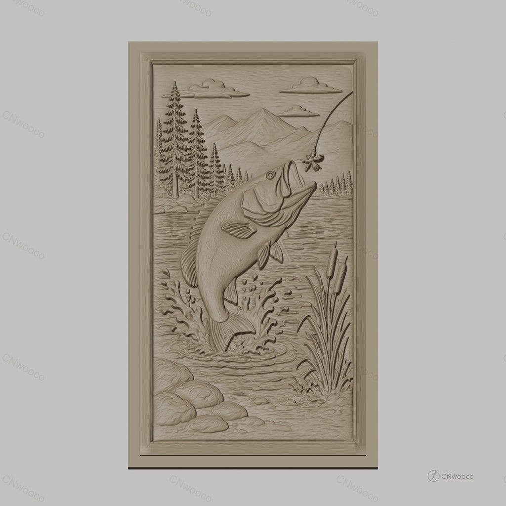 Fichier CNC & impression 3D poisson sautant, paysage nature, montagnes, arbres et eau, haute qualité relief STL