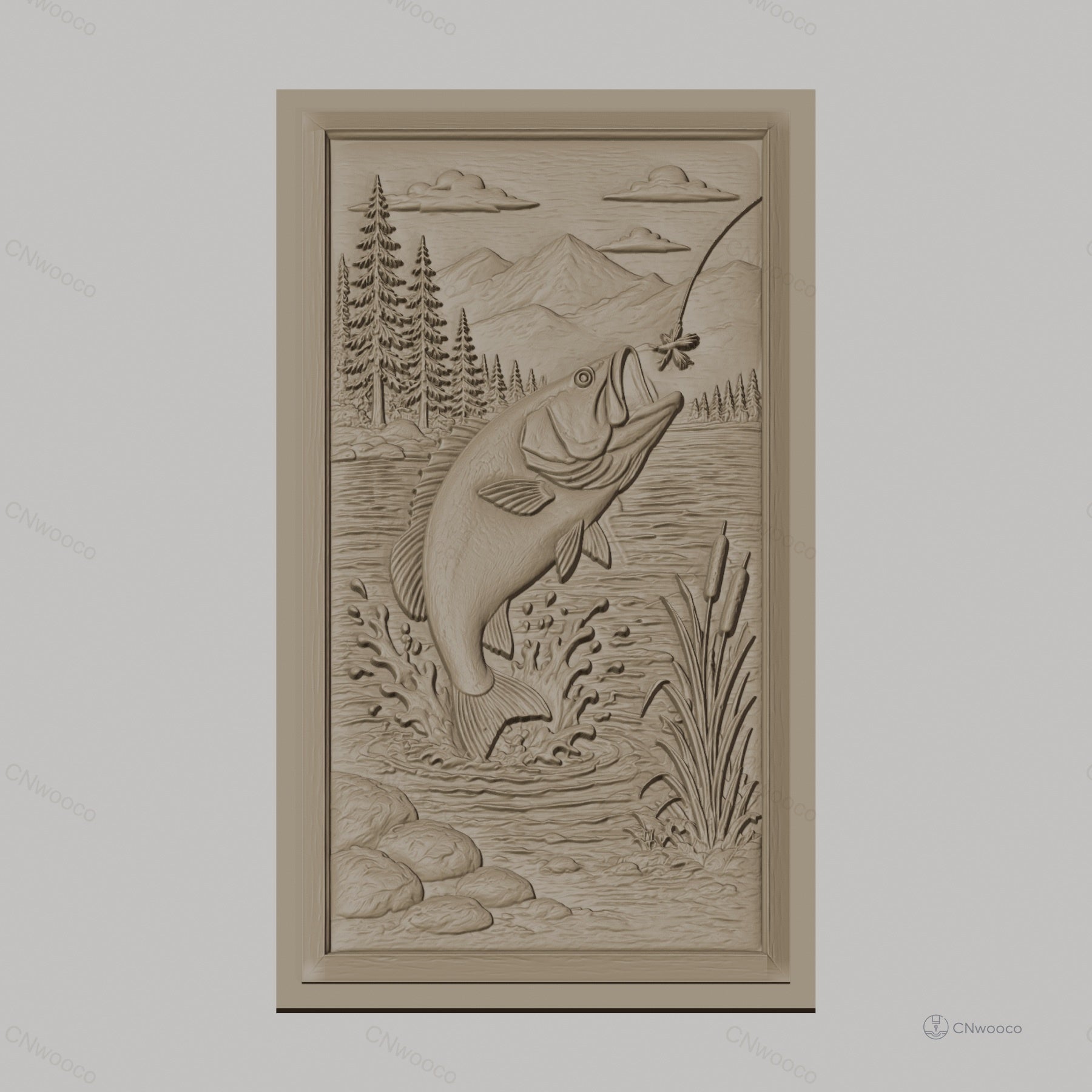 Fichier CNC & impression 3D poisson sautant, paysage nature, montagnes, arbres et eau, haute qualité relief STL