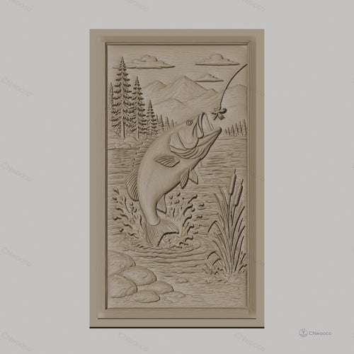 Fichier CNC & impression 3D poisson sautant, paysage nature, montagnes, arbres et eau, haute qualité relief STL