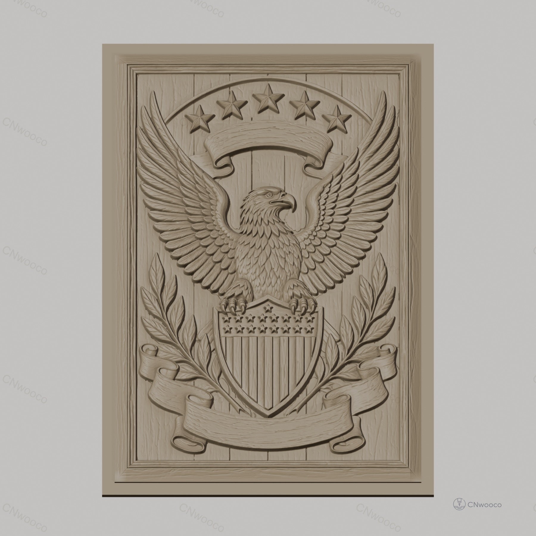 Fichier CNC & impression 3D aigle emblème, bouclier étoiles et feuilles, haute qualité relief STL