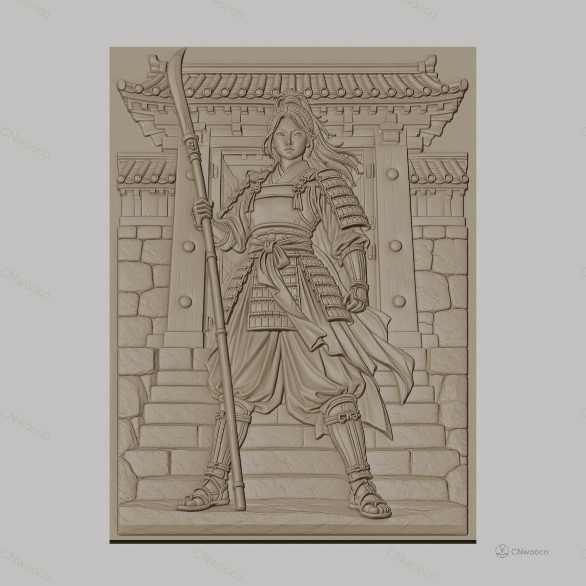Fichier CNC & impression 3D guerrière samouraï, armure et porte traditionnelle, haute qualité relief STL