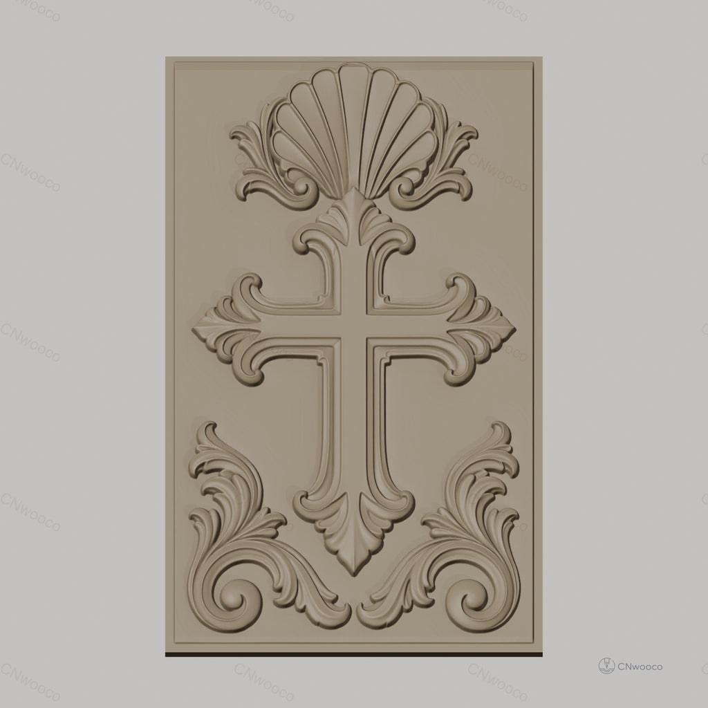 Fichier CNC & impression 3D Croix décorative, motif coquillage et volutes, haute qualité relief STL