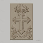 Fichier CNC & impression 3D Croix décorative, motif coquillage et volutes, haute qualité relief STL