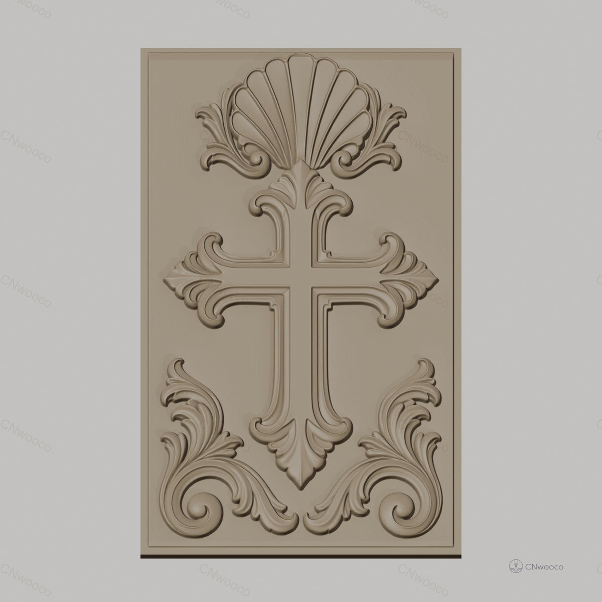Fichier CNC & impression 3D Croix décorative, motif coquillage et volutes, haute qualité relief STL