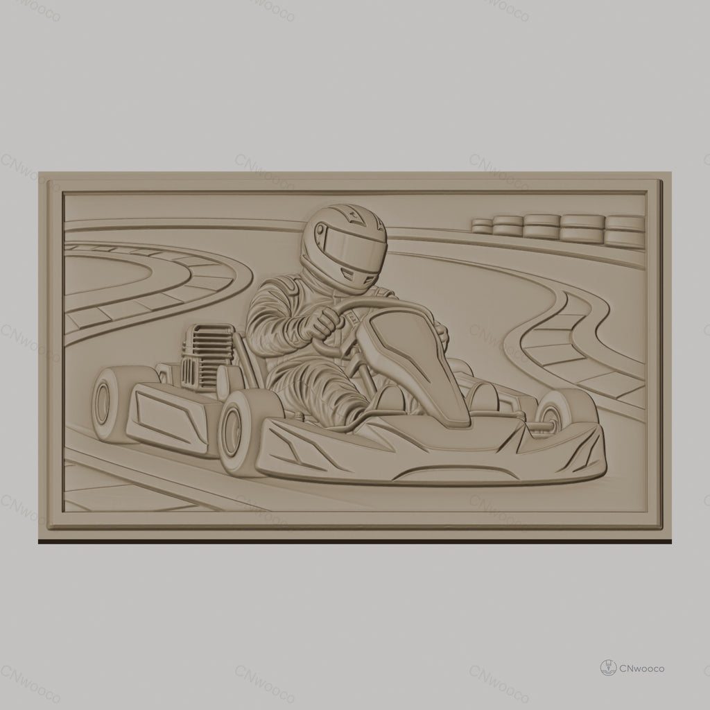 Fichier CNC & impression 3D karting, pilote en course sur circuit, haute qualité relief STL