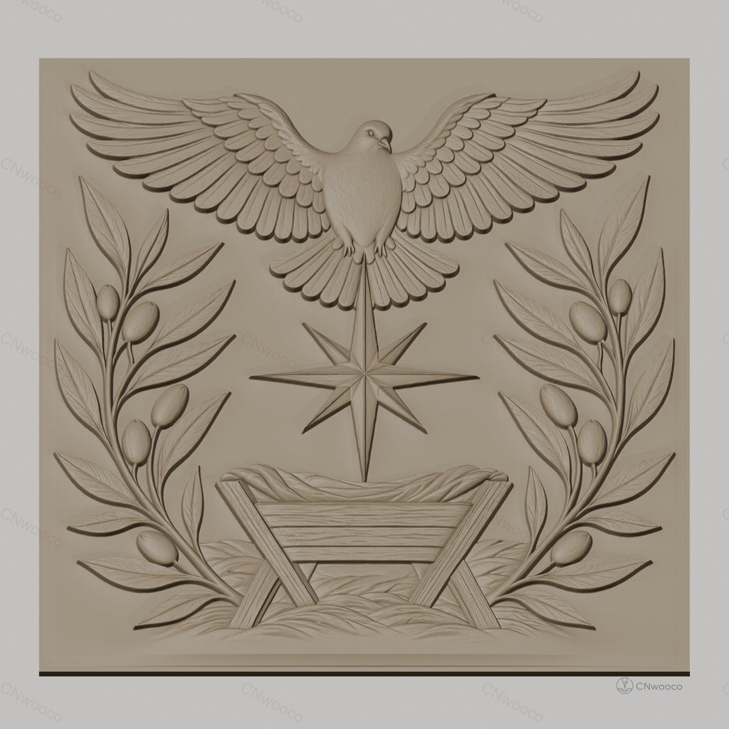 Fichier CNC & impression 3D scène de la nativité, colombe, étoile, mangeoire et branches d'olivier, haute qualité relief STL
