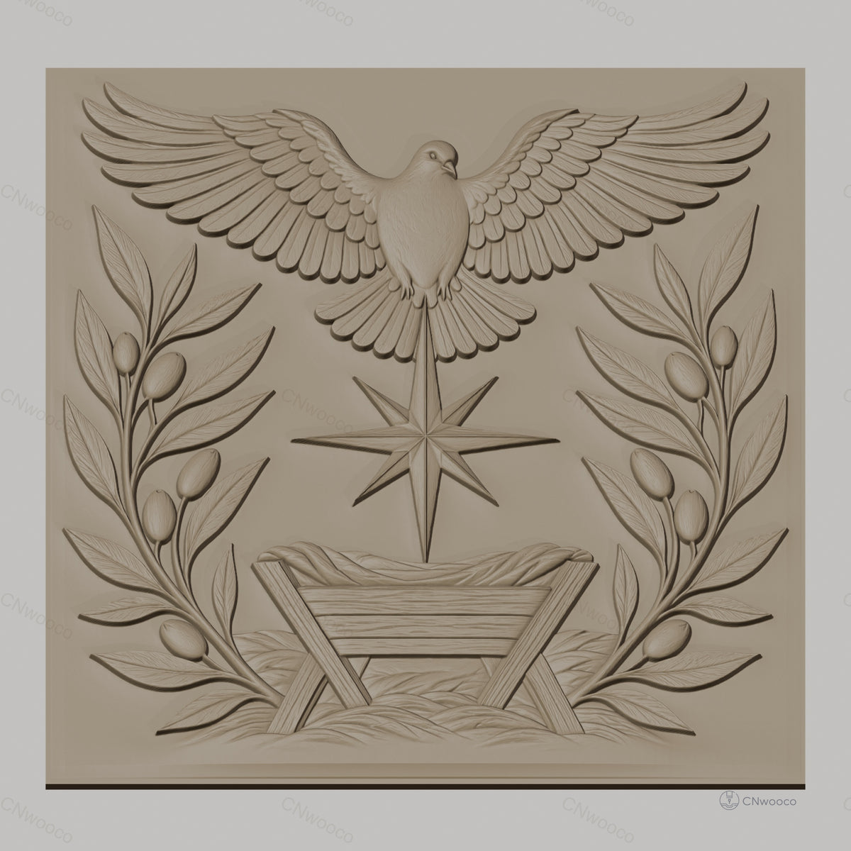 Fichier CNC & impression 3D scène de la nativité, colombe, étoile, mangeoire et branches d'olivier, haute qualité relief STL