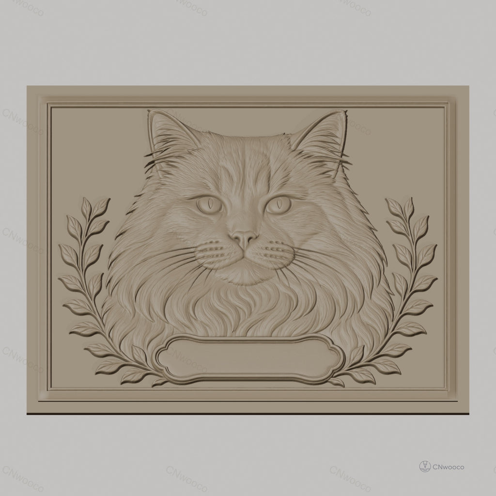Fichier CNC & impression 3D Chat persan, portrait détaillé avec feuillage, haute qualité relief STL