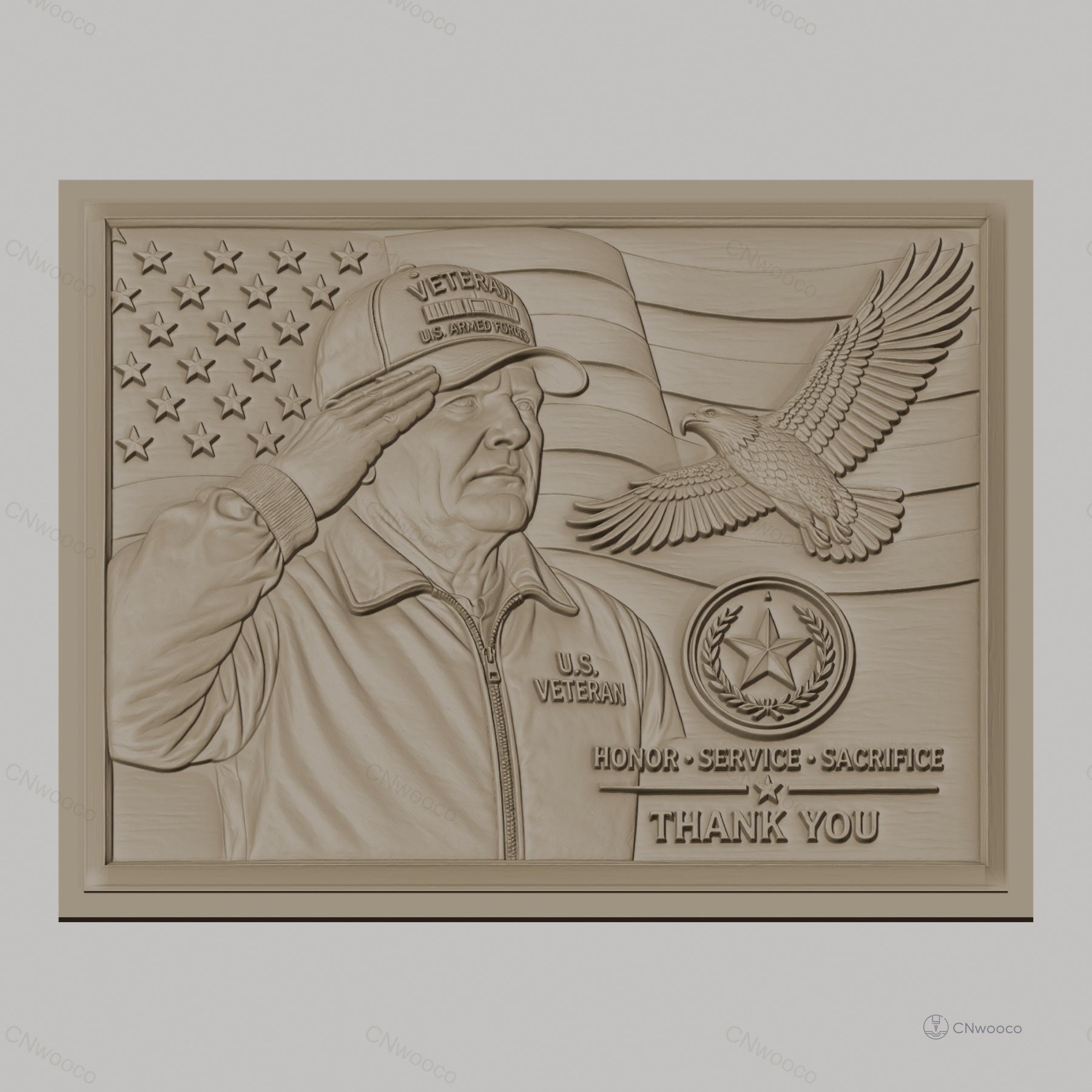 Fichier CNC & impression 3D hommage vétéran américain, drapeau USA, aigle et médaillon militaire, haute qualité relief STL