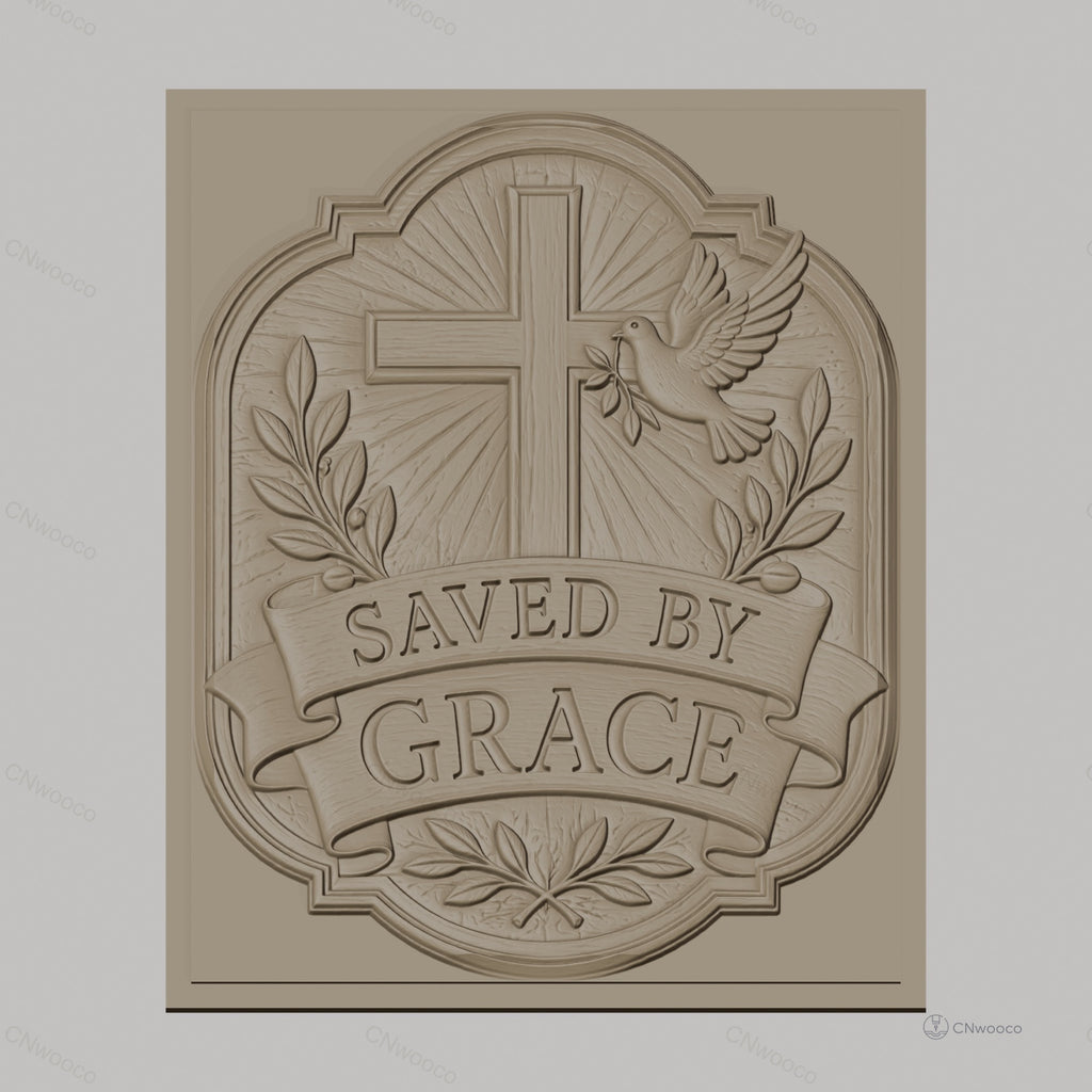 Fichier CNC & impression 3D Croix chrétienne, colombe de la paix, bannière Saved by Grace, feuillage, haute qualité relief STL