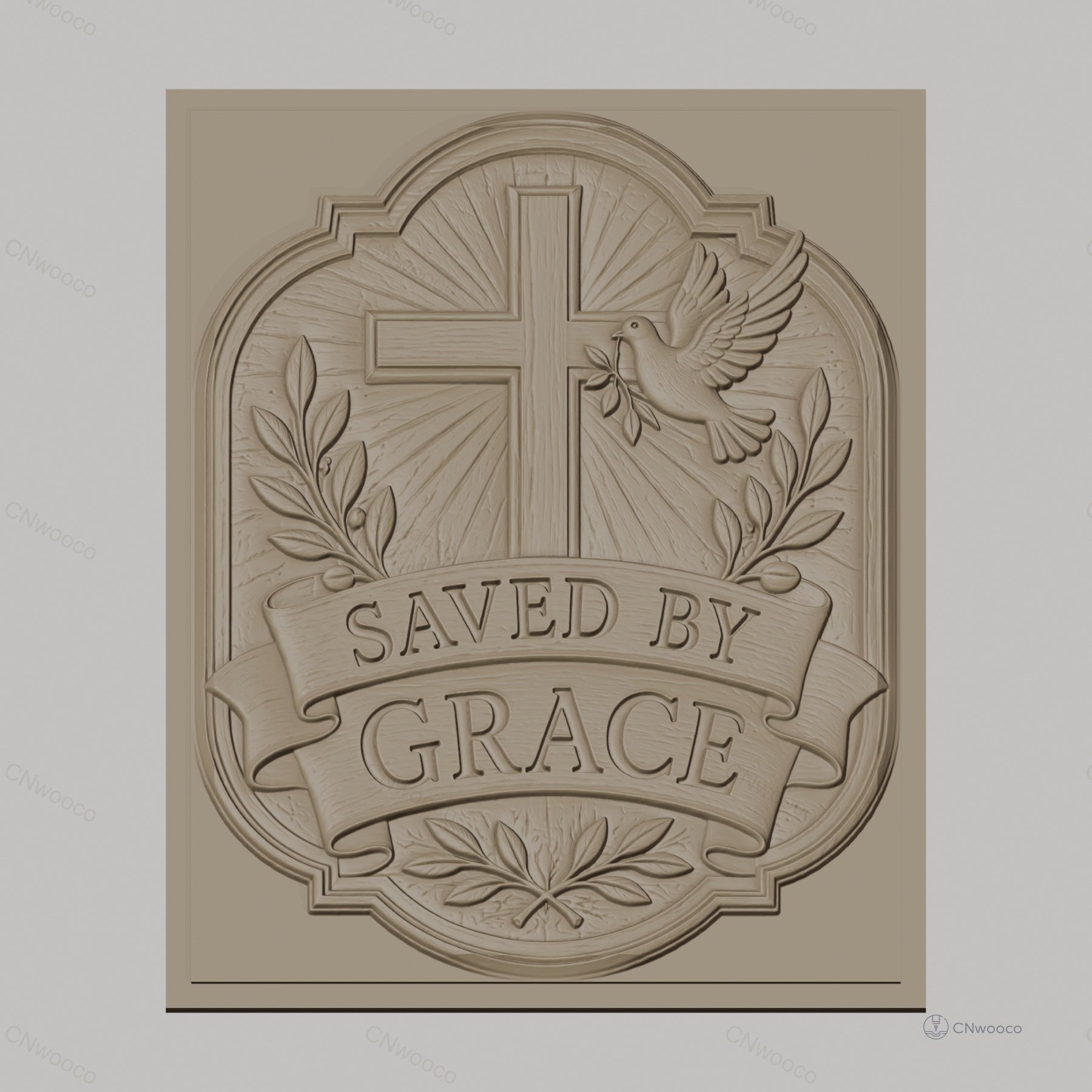Fichier CNC & impression 3D Croix chrétienne, colombe de la paix, bannière Saved by Grace, feuillage, haute qualité relief STL