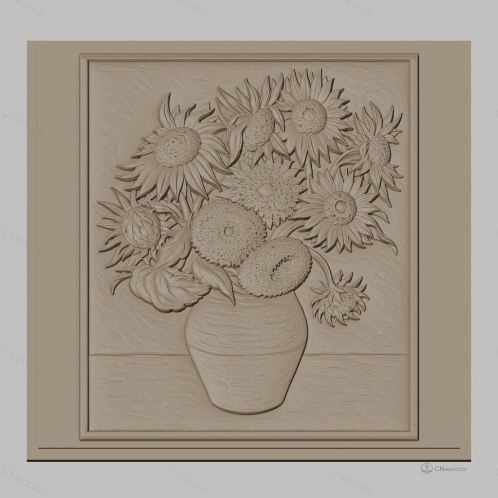 Fichier CNC & impression 3D bouquet de tournesols en vase, fleurs haut relief décoratif, haute qualité relief STL