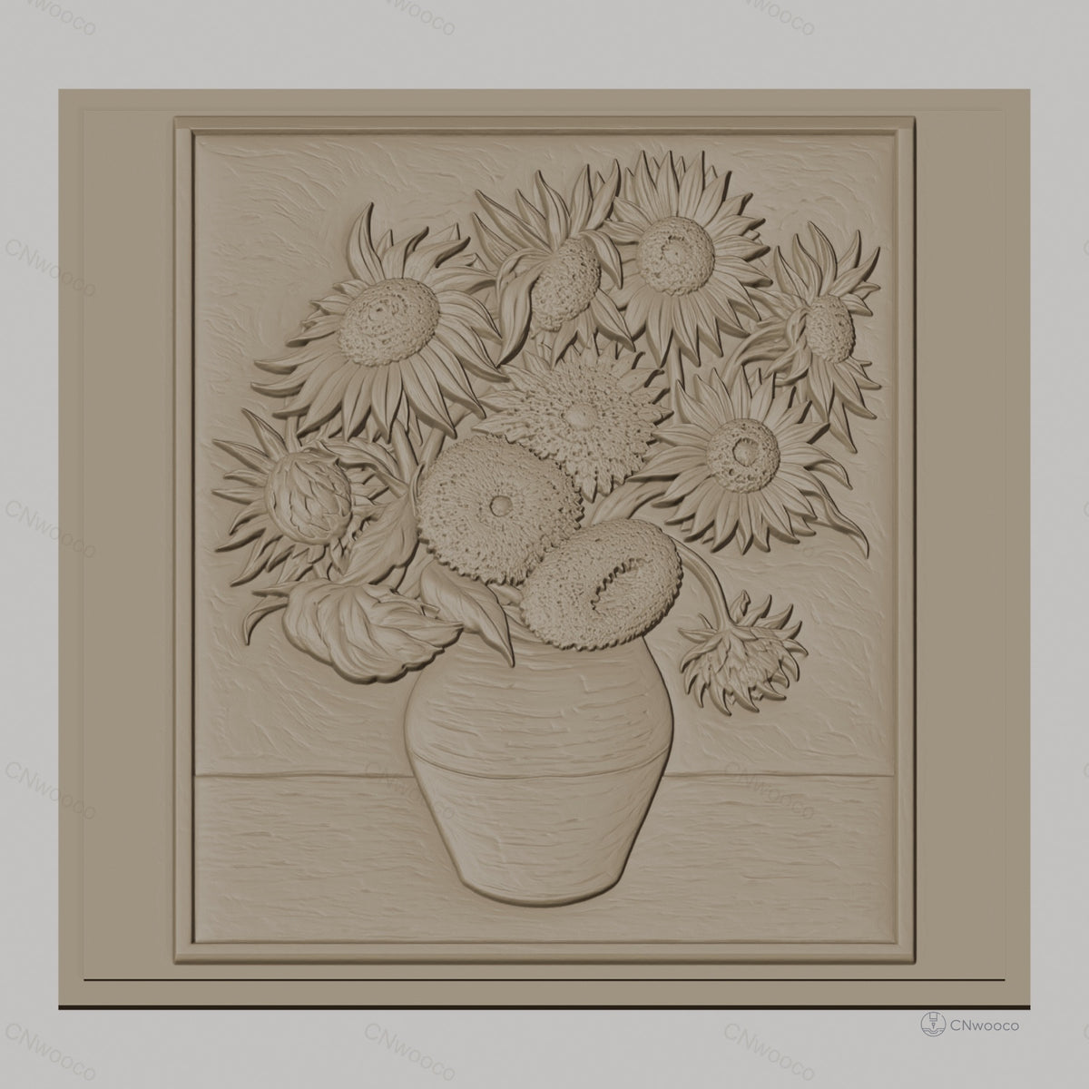 Fichier CNC & impression 3D bouquet de tournesols en vase, fleurs haut relief décoratif, haute qualité relief STL