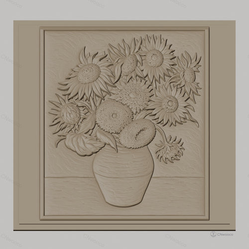 Fichier CNC & impression 3D bouquet de tournesols en vase, fleurs haut relief décoratif, haute qualité relief STL