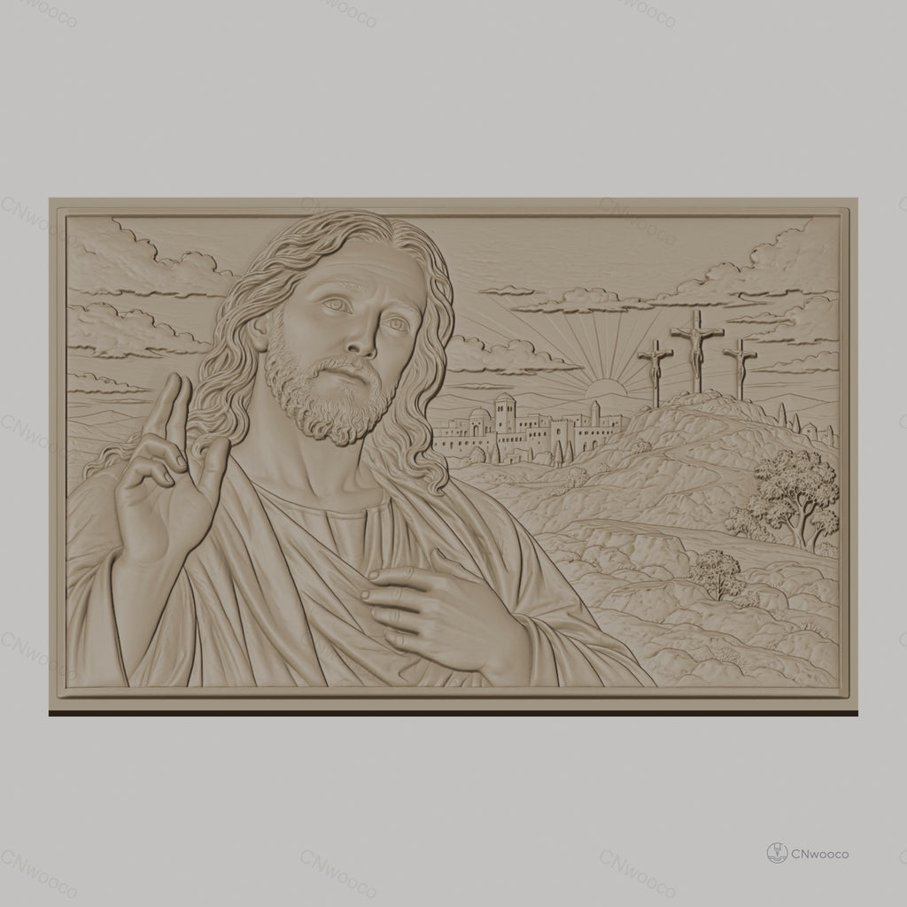 Fichier CNC & impression 3D Jésus Christ, trois croix sur colline, haute qualité relief STL