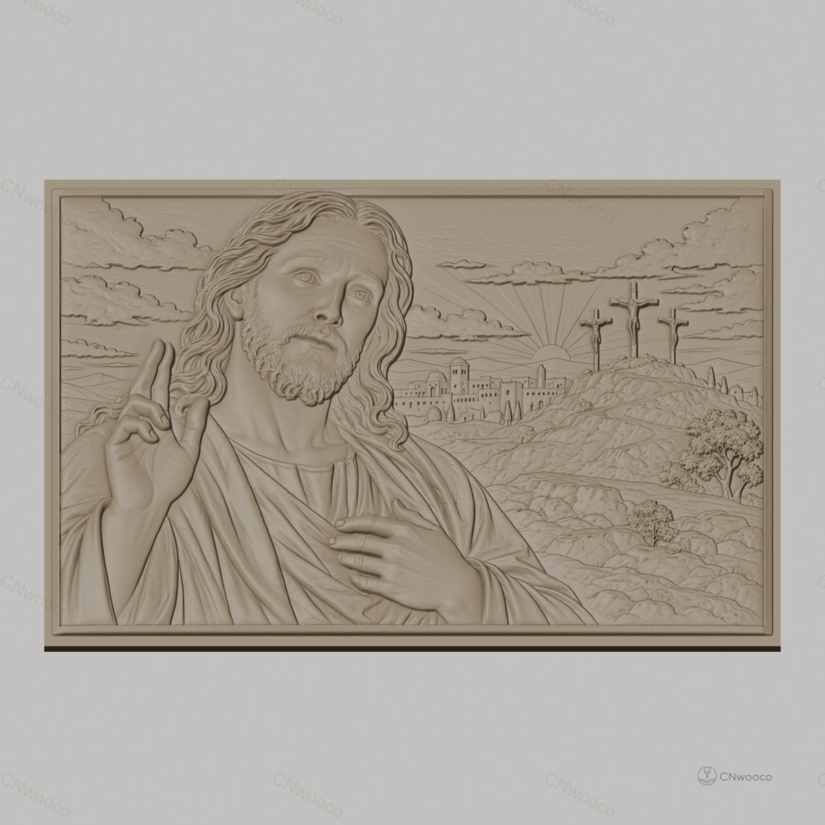 Fichier CNC & impression 3D Jésus Christ, trois croix sur colline, haute qualité relief STL