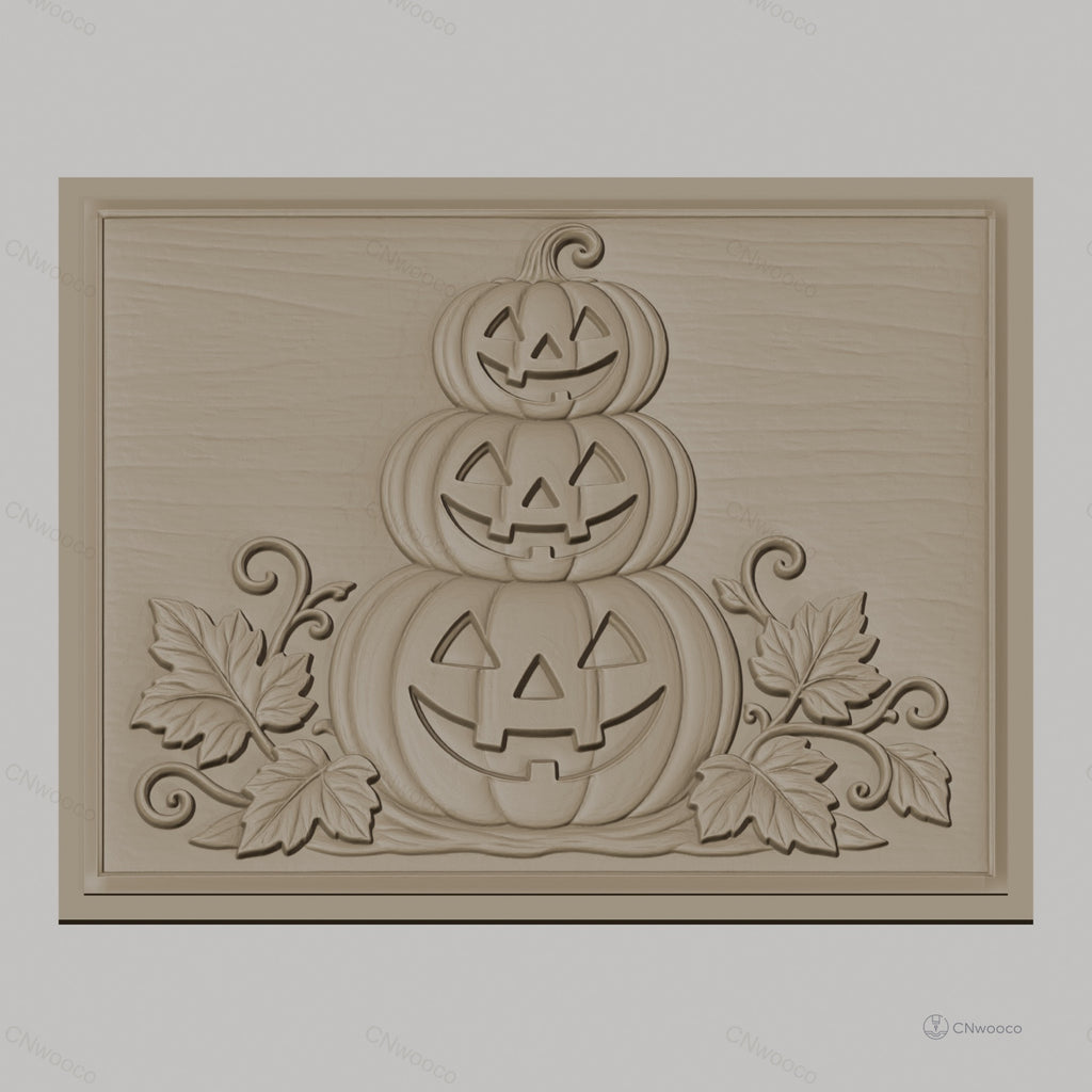Fichier CNC & impression 3D Halloween, citrouilles empilées avec feuilles, haute qualité relief STL