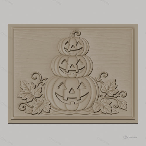 Fichier CNC & impression 3D Halloween, citrouilles empilées avec feuilles, haute qualité relief STL