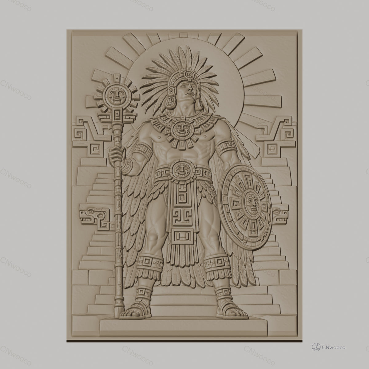 Fichier CNC & impression 3D guerrier aztèque, pyramides, bouclier et sceptre, haute qualité relief STL