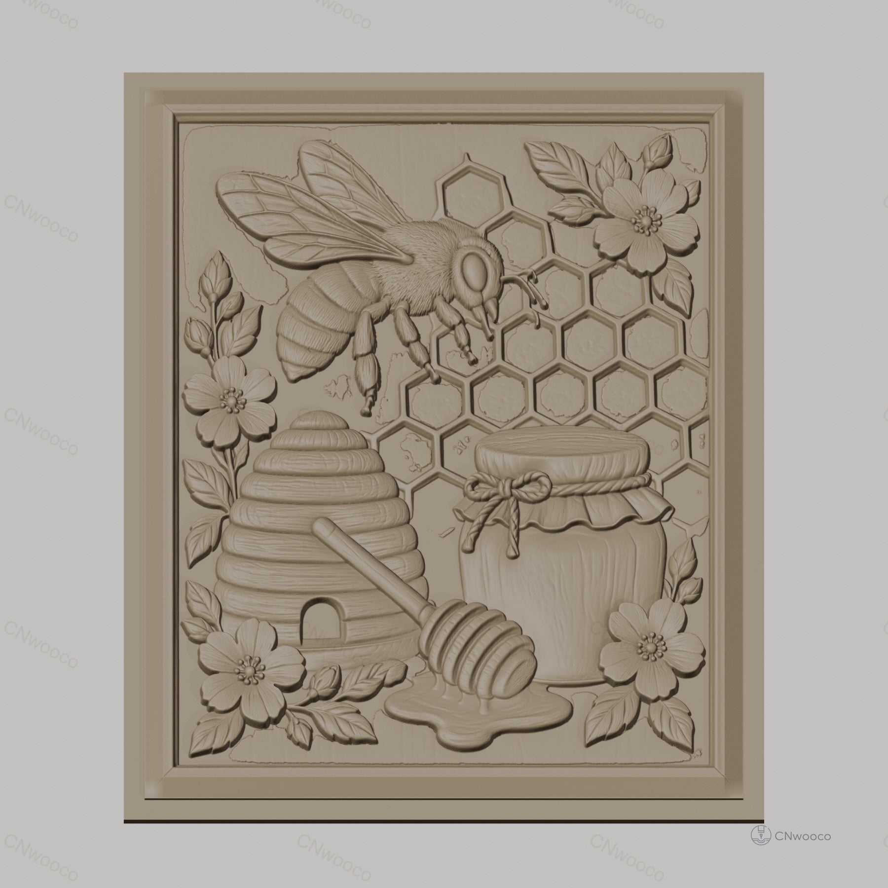 Fichier CNC & impression 3D thème abeille, ruche, pot de miel, fleurs et alvéoles, haute qualité relief STL