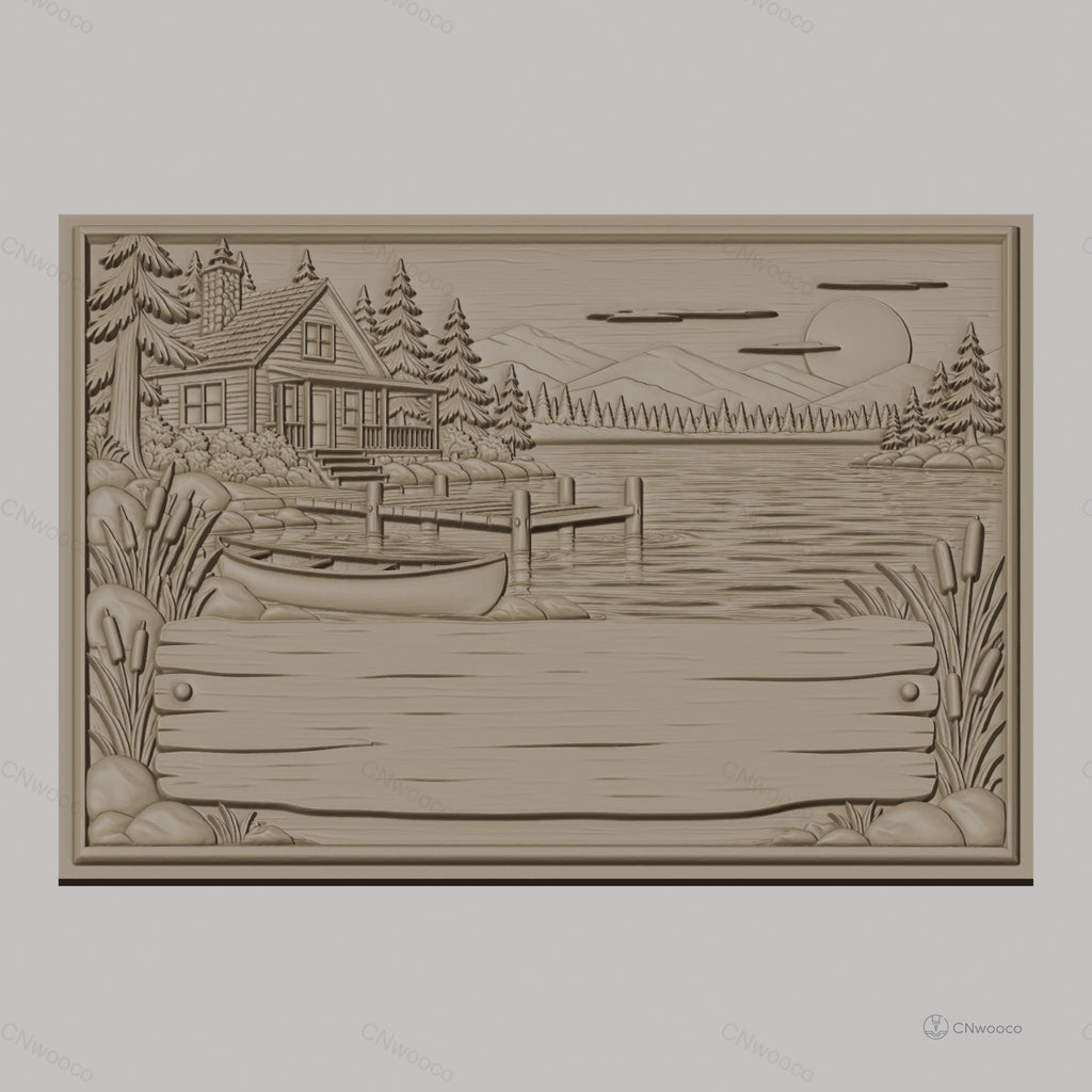 Fichier CNC & impression 3D cabane au bord du lac, bateau, ponton et paysage nature, haute qualité relief STL