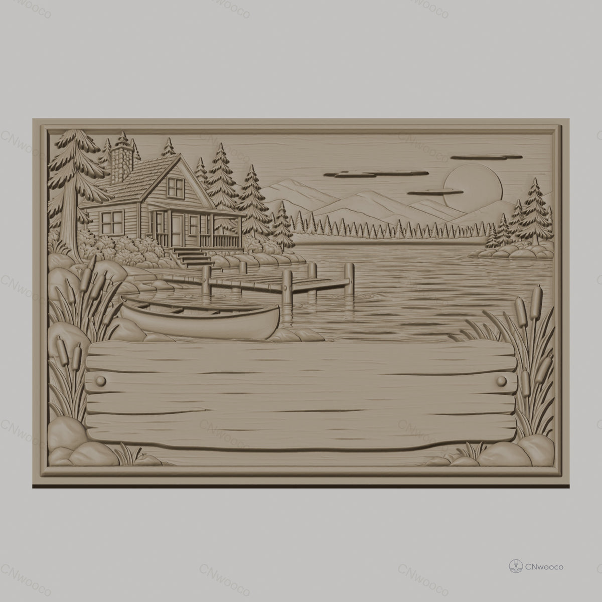 Fichier CNC & impression 3D cabane au bord du lac, bateau, ponton et paysage nature, haute qualité relief STL