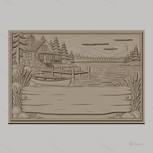 Fichier CNC & impression 3D cabane au bord du lac, bateau, ponton et paysage nature, haute qualité relief STL