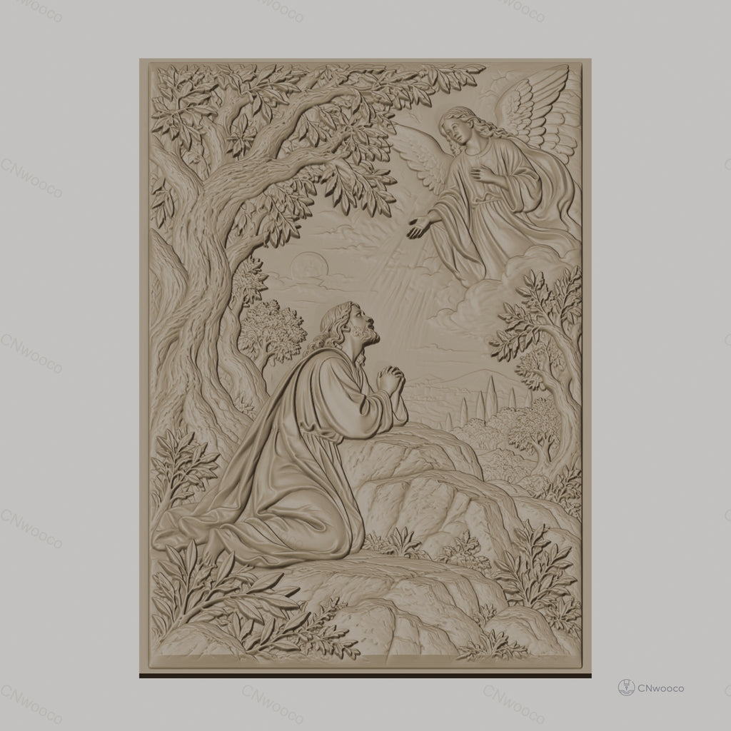 Fichier CNC & impression 3D Jésus priant avec ange, arbre et paysage, haute qualité relief STL