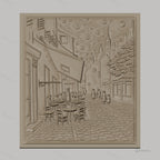 Fichier CNC & impression 3D scène de rue vintage avec café en plein air, bâtiments anciens et ciel étoilé, haute qualité relief STL