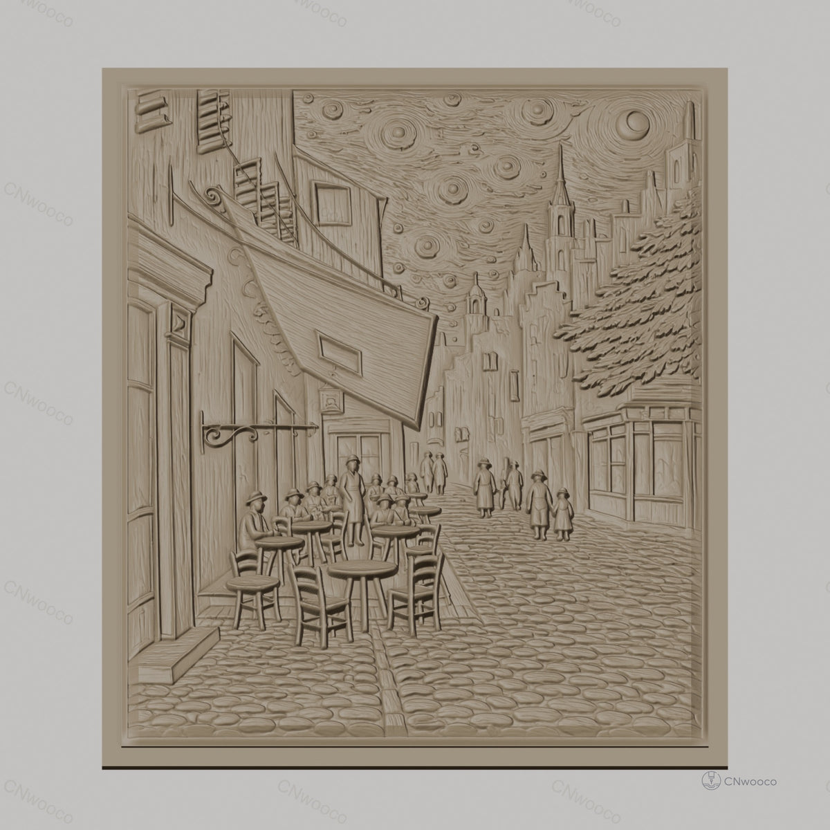 Fichier CNC & impression 3D scène de rue vintage avec café en plein air, bâtiments anciens et ciel étoilé, haute qualité relief STL