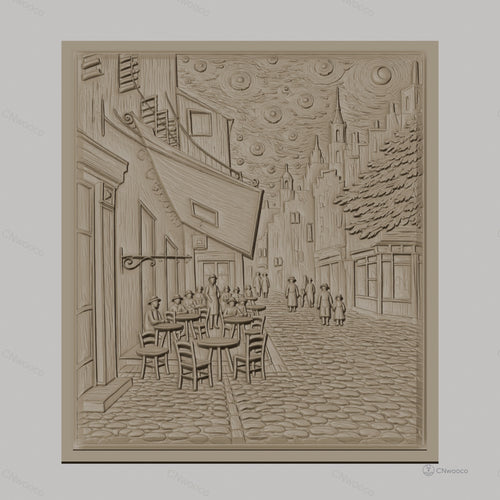 Fichier CNC & impression 3D scène de rue vintage avec café en plein air, bâtiments anciens et ciel étoilé, haute qualité relief STL