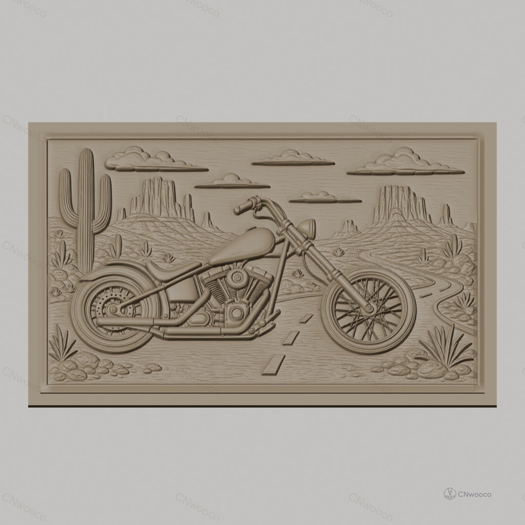 Fichier CNC & impression 3D moto custom chopper, désert avec cactus et montagnes, haute qualité relief STL
