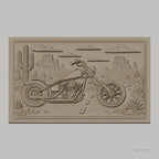 Fichier CNC & impression 3D moto custom chopper, désert avec cactus et montagnes, haute qualité relief STL