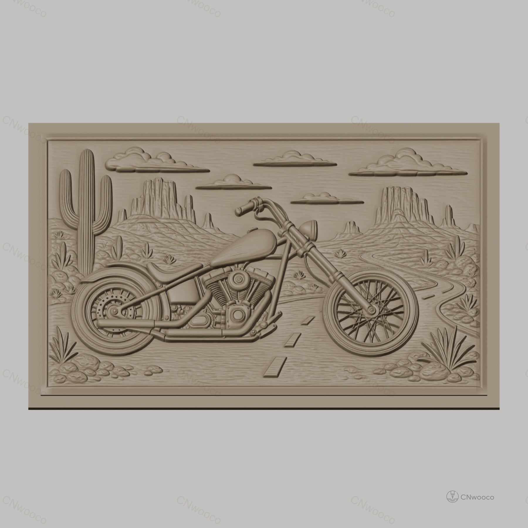 Fichier CNC & impression 3D moto custom chopper, désert avec cactus et montagnes, haute qualité relief STL