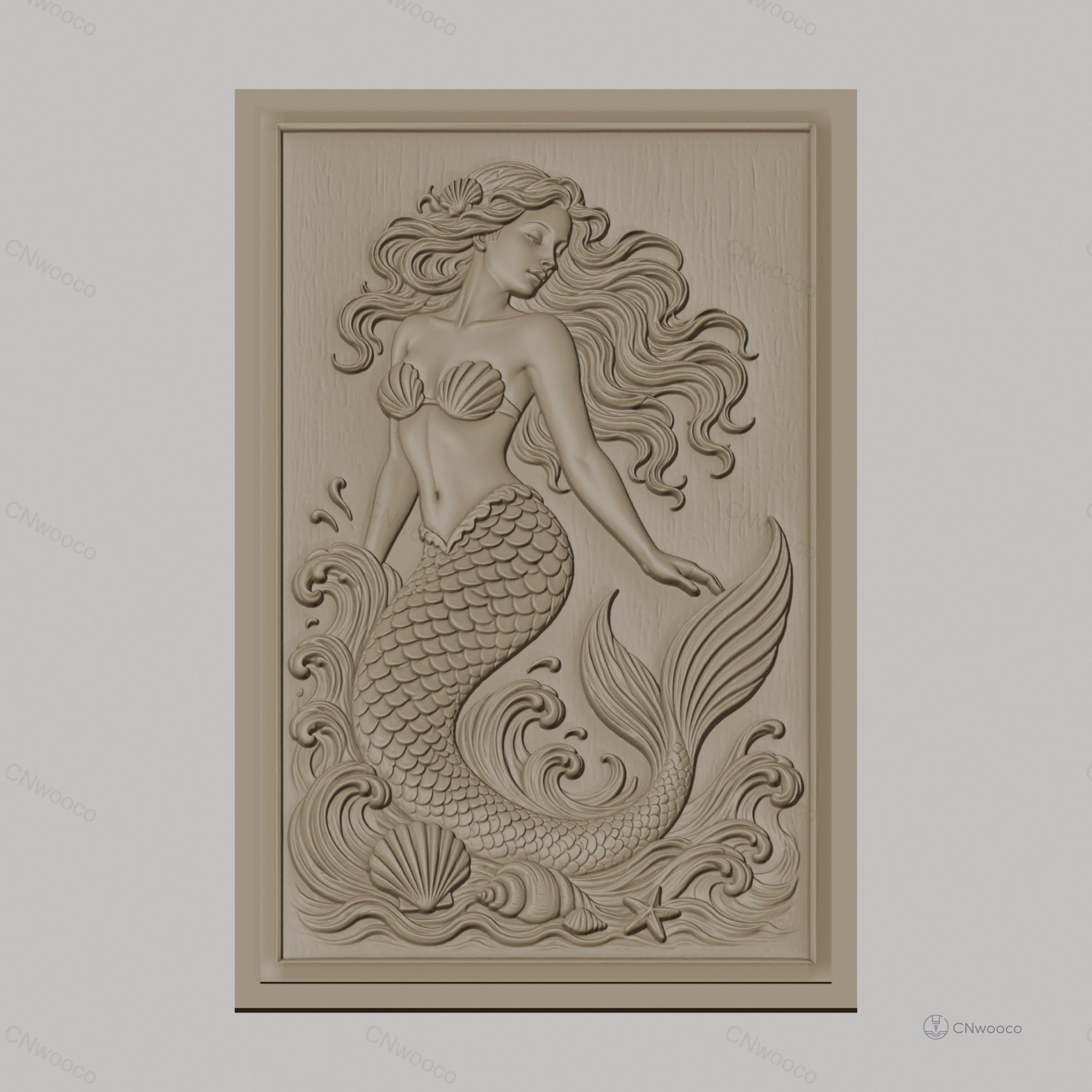 Fichier CNC & impression 3D sirène, écailles, coquillages et vagues, haute qualité relief STL