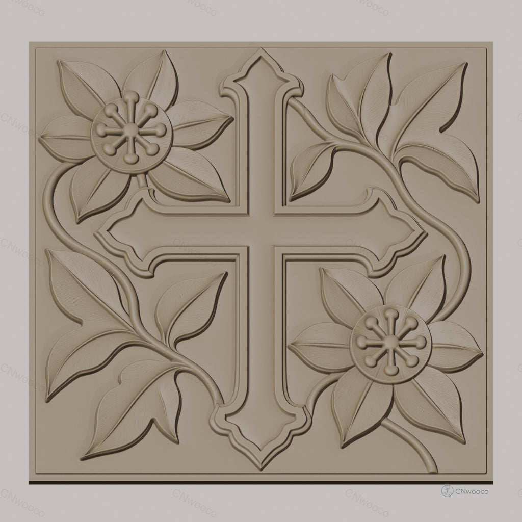 Fichier CNC & impression 3D croix fleurie avec feuilles et relief détaillé, haute qualité relief STL