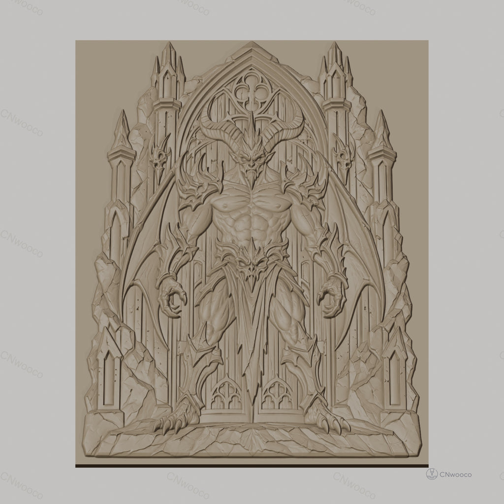 Fichier CNC & impression 3D démon démoniaque avec ailes et portail gothique, haute qualité relief STL