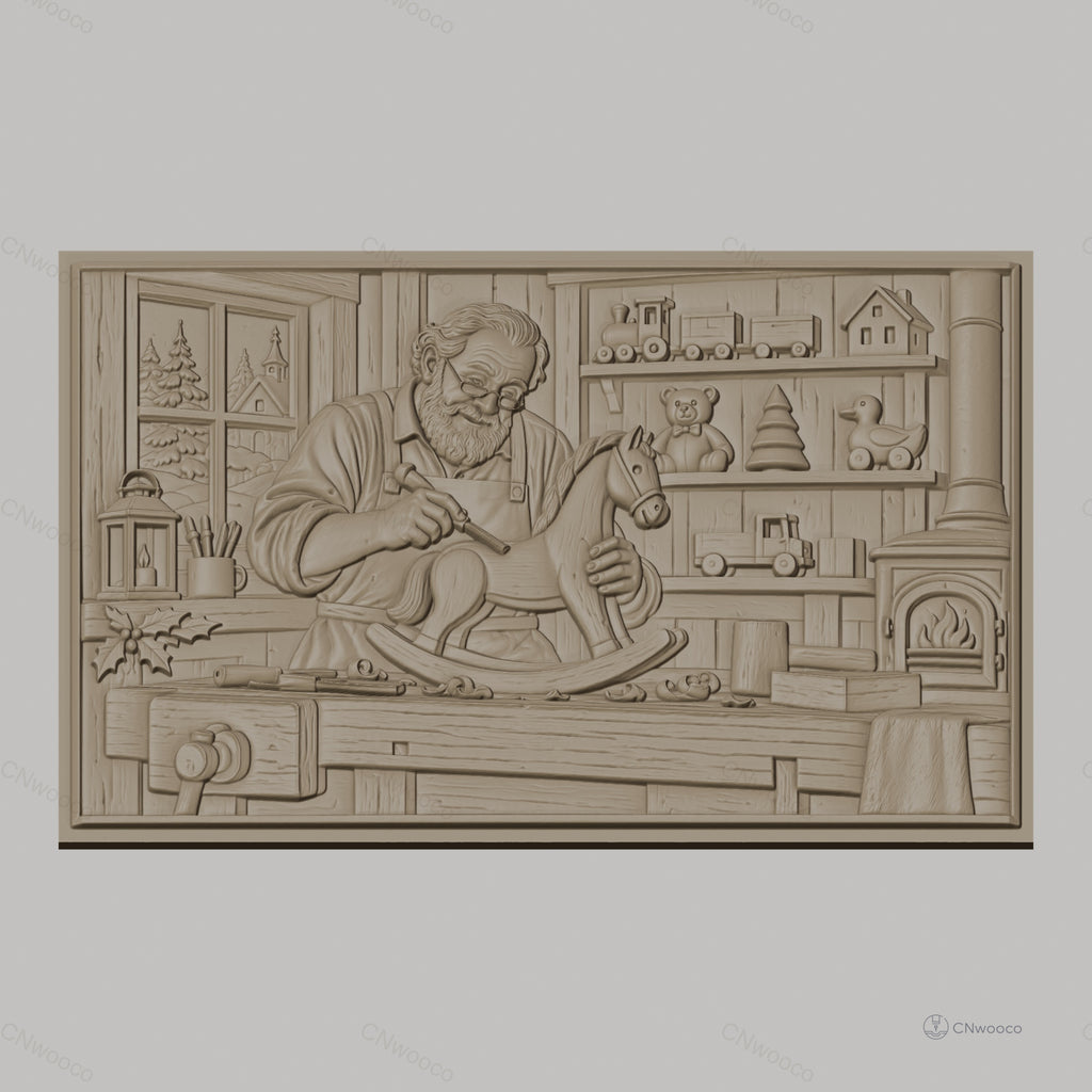 Fichier CNC & impression 3D atelier de menuiserie, artisan sculptant cheval à bascule, haute qualité relief STL