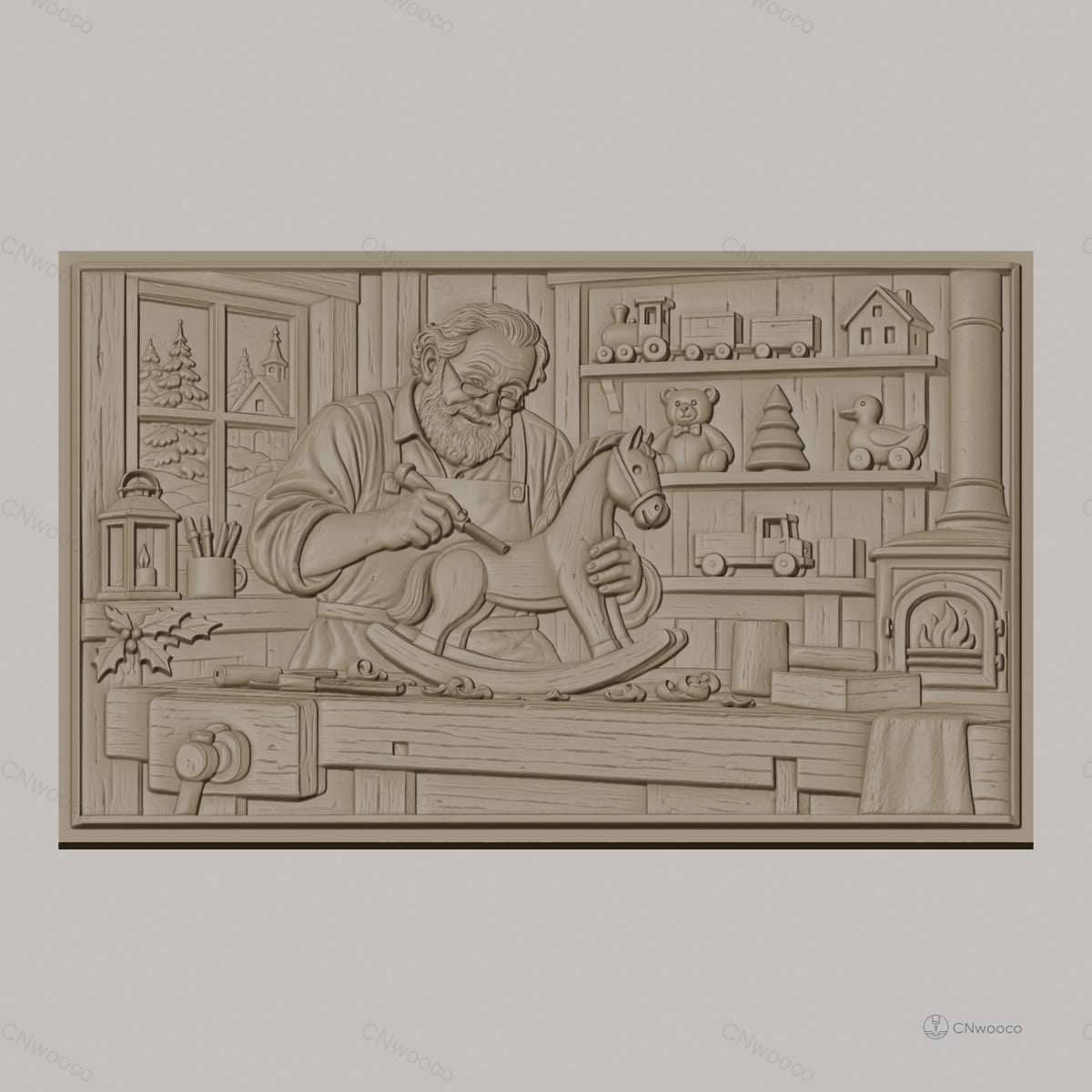 Fichier CNC & impression 3D atelier de menuiserie, artisan sculptant cheval à bascule, haute qualité relief STL