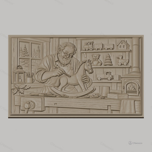 Fichier CNC & impression 3D atelier de menuiserie, artisan sculptant cheval à bascule, haute qualité relief STL