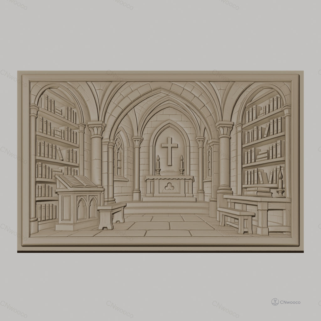 Fichier CNC & impression 3D intérieur d'église gothique, autel, bibliothèque, croix, haute qualité relief STL