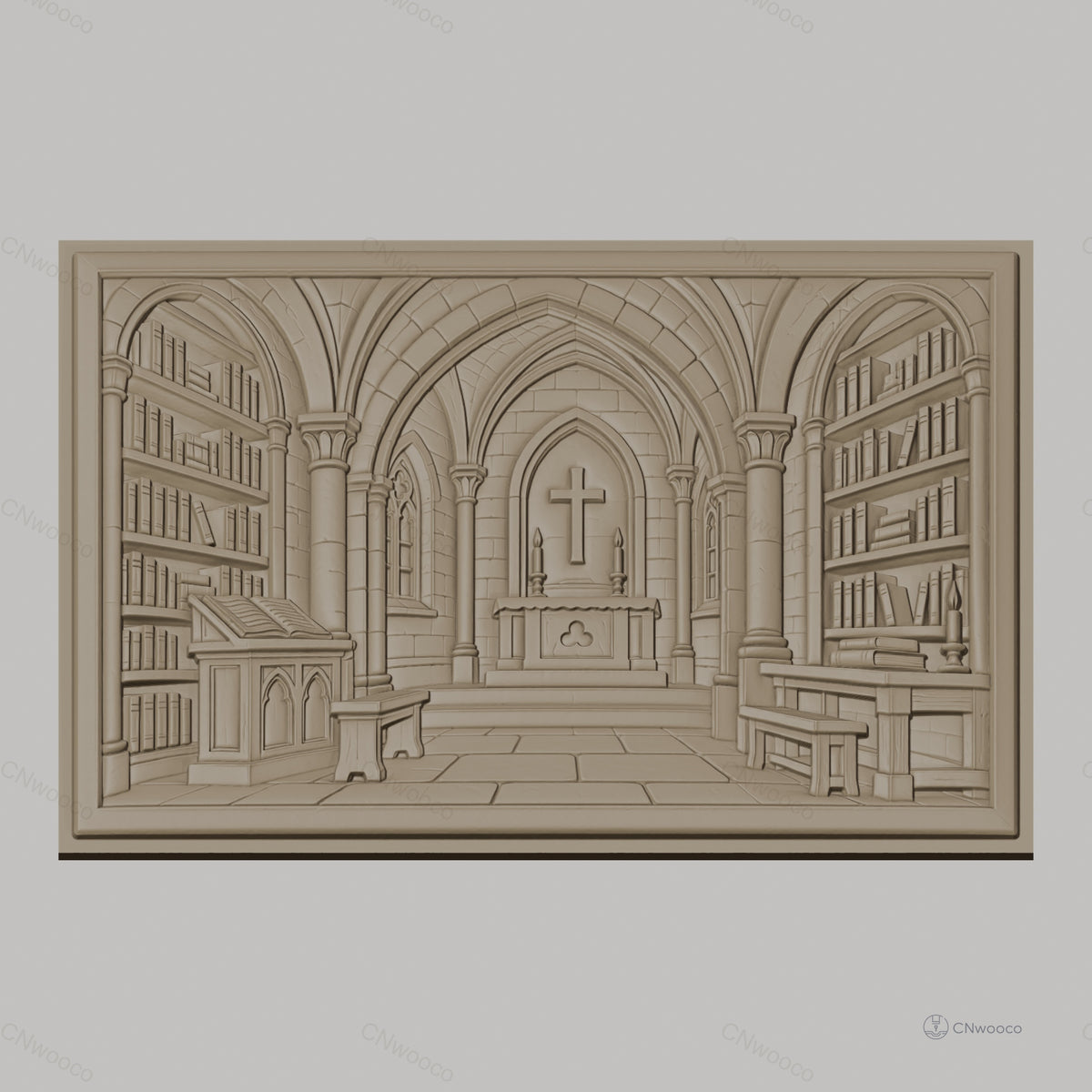 Fichier CNC & impression 3D intérieur d'église gothique, autel, bibliothèque, croix, haute qualité relief STL