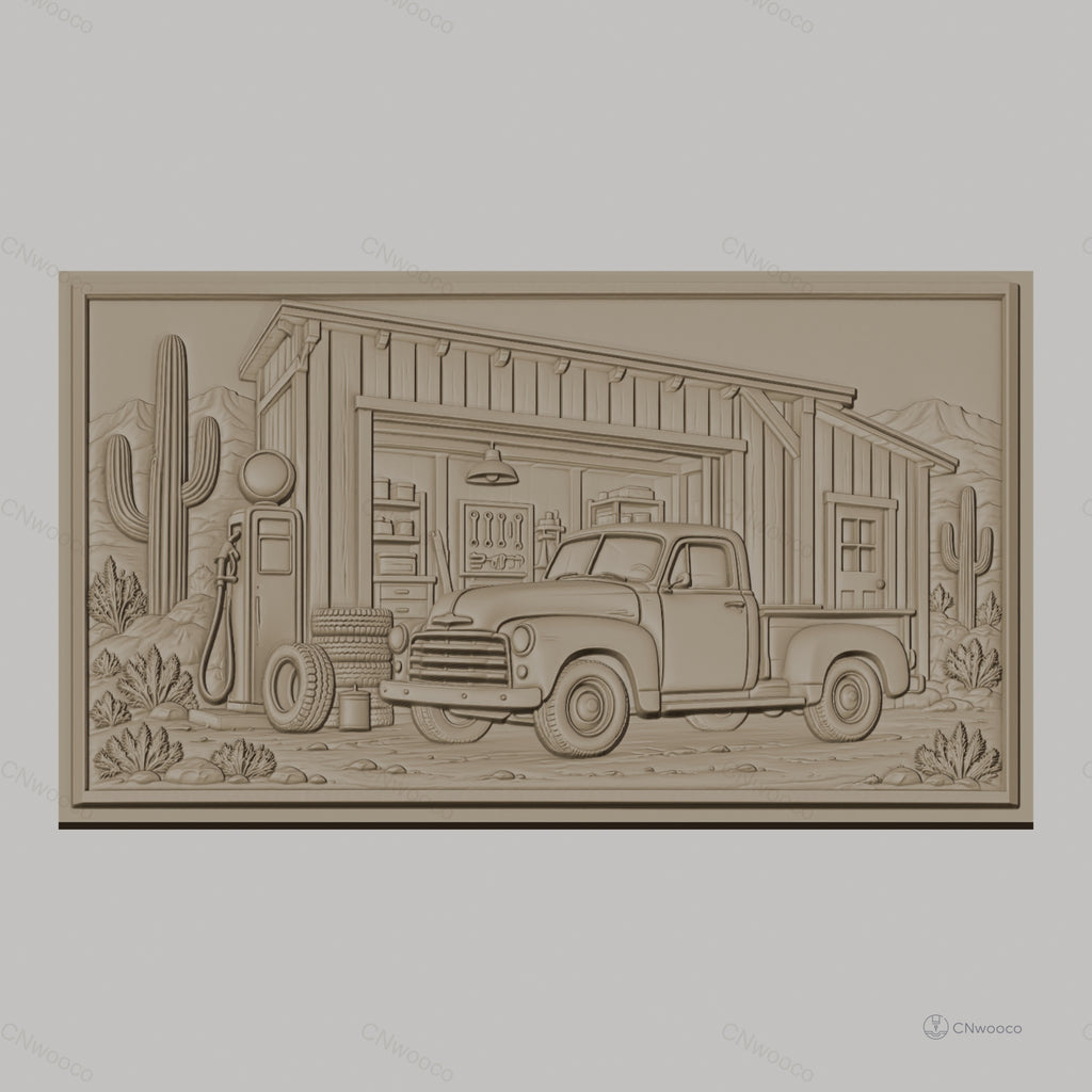 Fichier CNC & impression 3D ancienne camionnette devant garage désert cactus, haute qualité relief STL