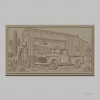 Fichier CNC & impression 3D ancienne camionnette devant garage désert cactus, haute qualité relief STL