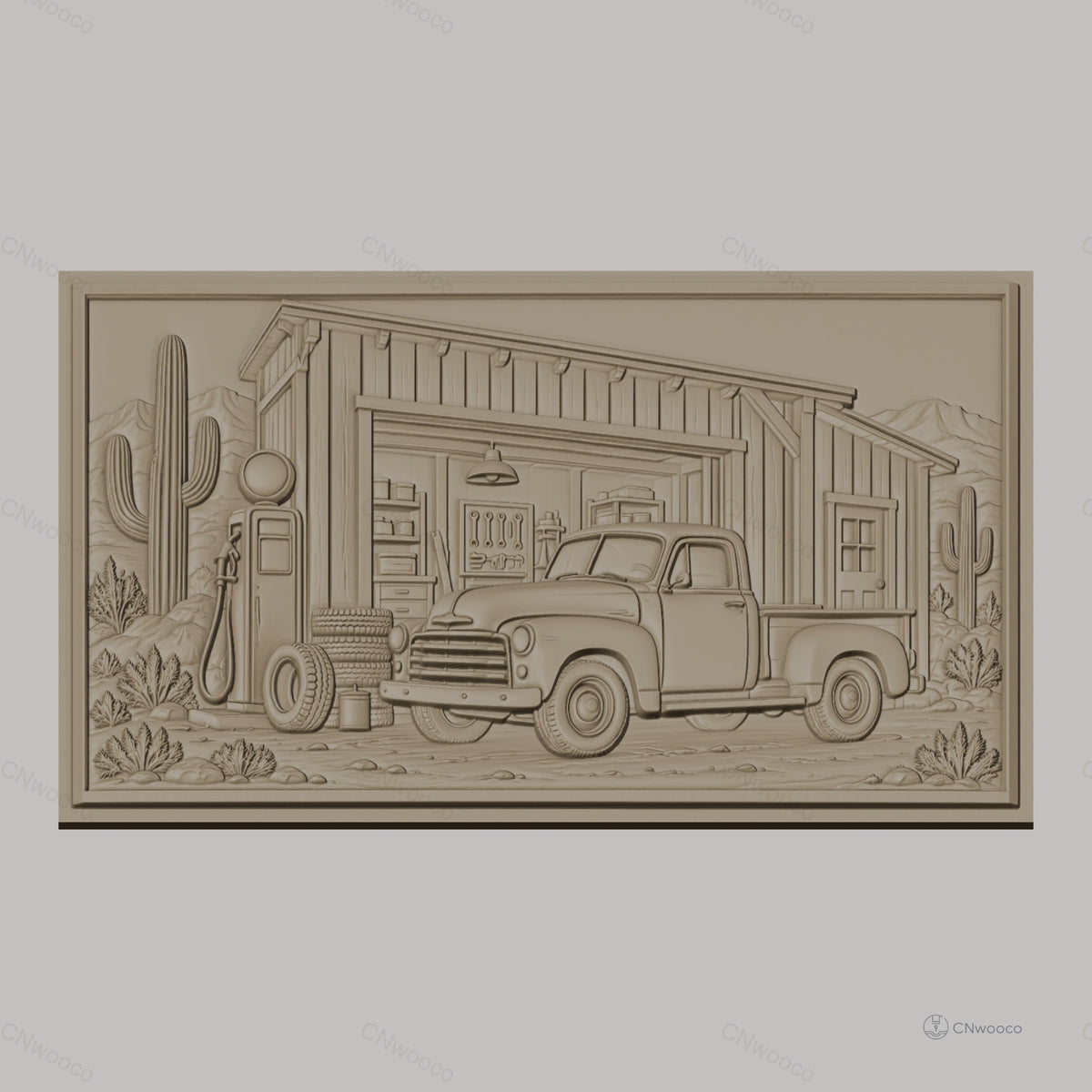 Fichier CNC & impression 3D ancienne camionnette devant garage désert cactus, haute qualité relief STL
