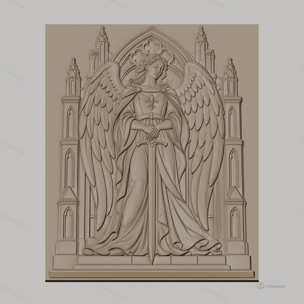 Fichier CNC & impression 3D ange gardien avec épée et architecture gothique, haute qualité relief STL