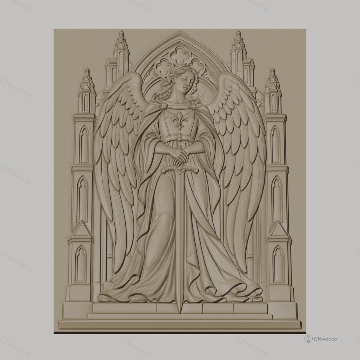 Fichier CNC & impression 3D ange gardien avec épée et architecture gothique, haute qualité relief STL